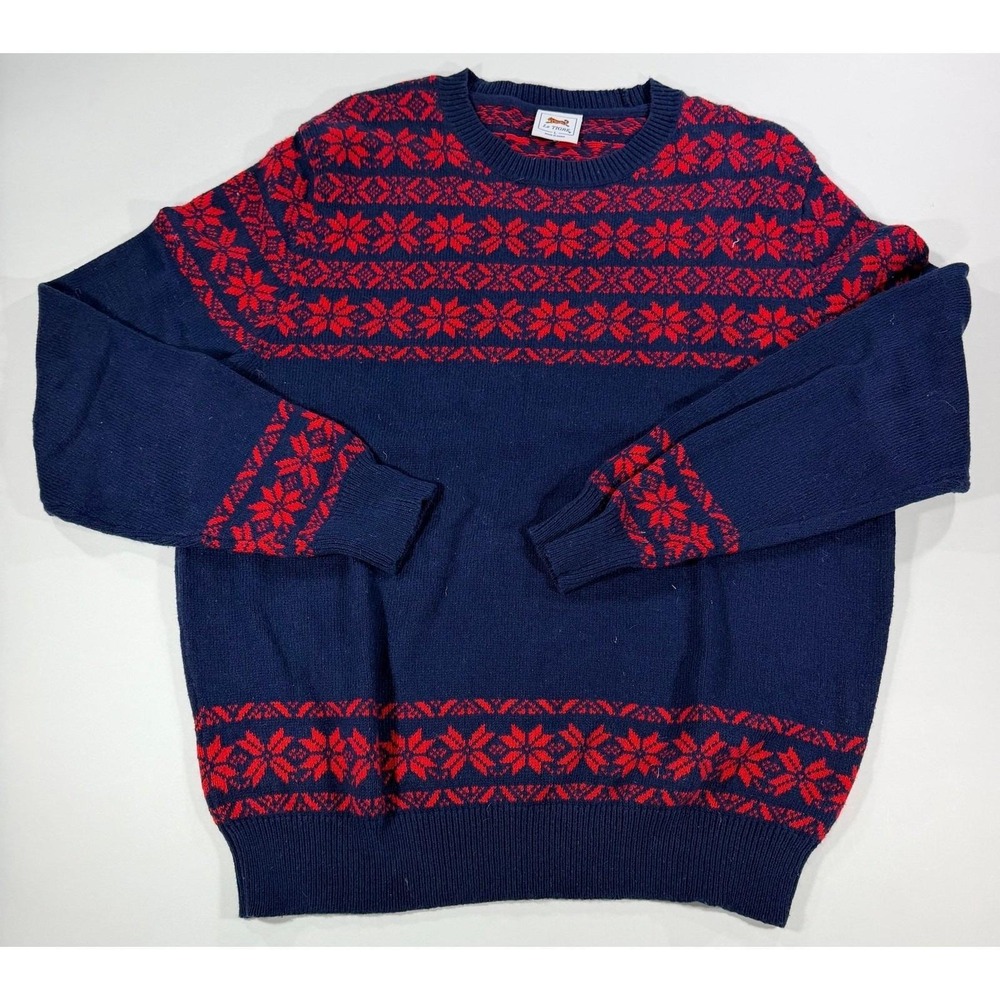 Vintage Le Tigre Knit Sweater Men's Large Navy Blue Red Fair Isle Knit Blend
